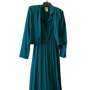 Laura Ashley Teal Pleated Midi Dress with Matching Jacket